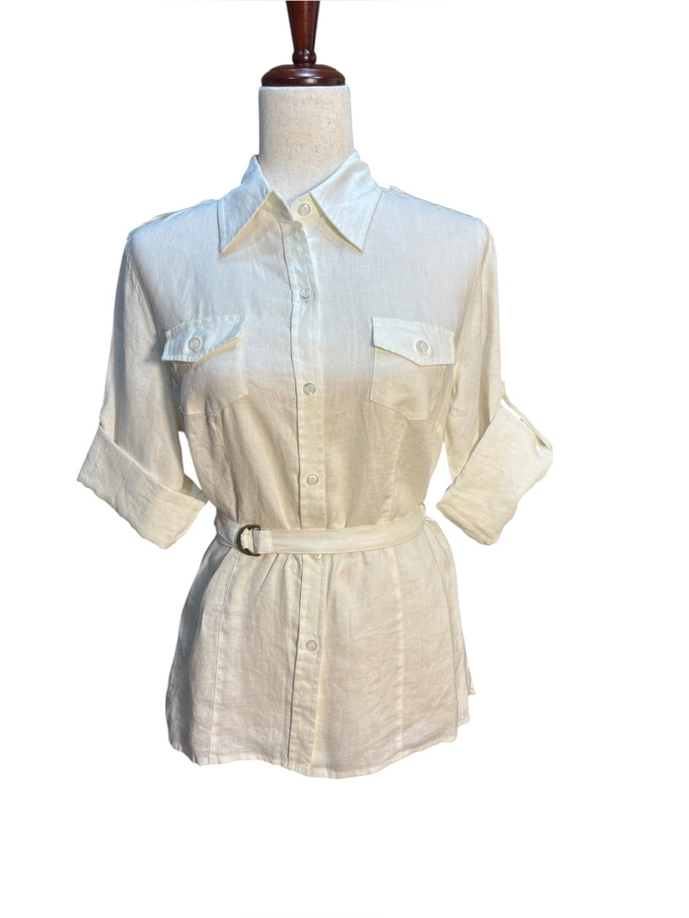 NWT Chaus Organic 100% Linen White Belted Safari Utility Shirt Small